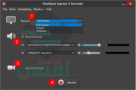 برنامج تسجيل الشاشة فيديو مجاني للكمبيوتر FlashBack Screen Recorder